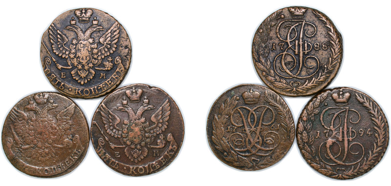 Russia Russian Empire 1761-1794 5 Kopecks - Ekaterina II (3 Lots) Copper VF C 59