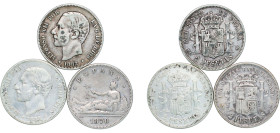 Spain 1870-1883 5 Pesetas (3 Lots) Silver (.835) Madrid Mint VF