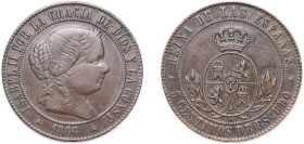Spain Kingdom 1866 OM 5 Centimos de Escudo - Isabel II Bronze Segovia Mint 12.4g VF KM 635.4