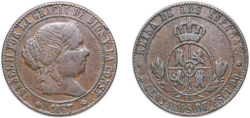 Spain Kingdom 1867 OM 5 Centimos de Escudo - Isabel II Bronze Barcelona Mint 12....