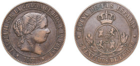 Spain Kingdom 1868 OM 5 Centimos de Escudo - Isabel II Bronze Seville Mint 12.6g VF KM 635.5