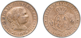 Spain Kingdom 1868 OM 2½ Centimos de Escudo - Isabel II Bronze Barcelona Mint 6.3g AU KM 634