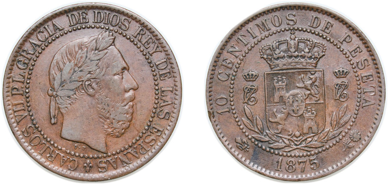 Spain Kingdom 1875 OT 10 Centimos - Carlos VII (pretender) Bronze Oñate Mint (10...