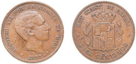 Spain Kingdom 1877 OM 10 Centimos - Alfonso XII Bronze Barcelona Mint (29567000) 9.95g VF KM 675