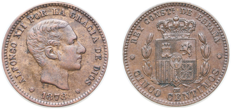 Spain Kingdom 1878 OM 5 Centimos - Alfonso XII Bronze Barcelona Mint (67954000) ...