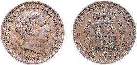 Spain Kingdom 1878 OM 5 Centimos - Alfonso XII Bronze Barcelona Mint (67954000) 5g AU KM 674
