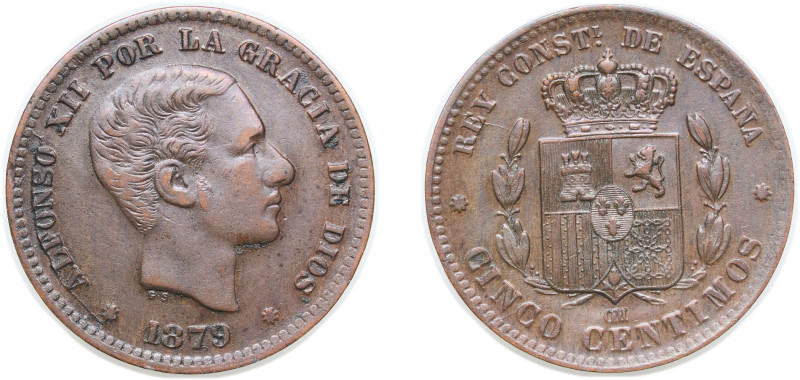 Spain Kingdom 1879 OM 5 Centimos - Alfonso XII Bronze Barcelona Mint (54994000) ...