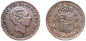 Spain Kingdom 1879 OM 5 Centimos - Alfonso XII Bronze Barcelona Mint (54994000) 5g AU KM 674
