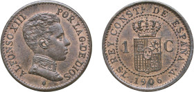 Spain Kingdom 1906 *6 SLV 1 Centimo - Alfonso XIII (4th portrait) Bronze Madrid Mint (7500000) 1.1g UNC KM 726