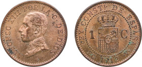 Spain Kingdom 1912 *2 PCV 1 Centimo - Alfonso XIII (5th portrait) Bronze Madrid Mint (2109000) 1g UNC KM 731