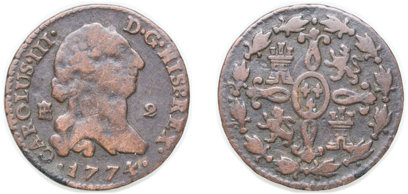 Spain Kingdom 1774 2 Maravedis - Carlos III Copper Segovia Mint 2.21g VF KM 406....