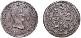 Spain Kingdom 1814 J 8 Maravedis - Fernando VII (Jubia,1st portrait) Copper Jubia Mint 9.3g XF KM 461