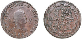 Spain Kingdom 1820 J 8 Maravedis - Fernando VII (2nd portrait) Copper Jubia Mint 10g XF KM 491