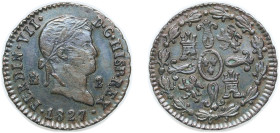Spain Kingdom 1827 2 Maravedis - Fernando VII Copper Segovia Mint 2.4g AU KM 487