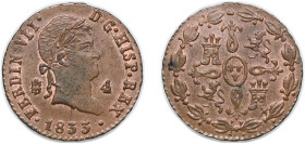 Spain Kingdom 1833 4 Maravedis - Fernando VII Copper Segovia Mint 5g UNC KM 489