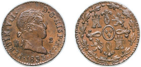 Spain Kingdom 1833 2 Maravedis - Fernando VII Copper Segovia Mint 2.4g AU KM 487