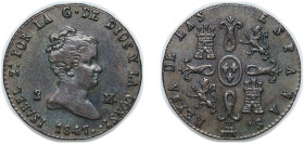 Spain Kingdom 1847 2 Maravedis - Isabel II Copper Segovia Mint 2.3g UNC KM 532