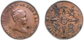 Spain Kingdom 1847 2 Maravedis - Isabel II Copper Segovia Mint 2.2g AU KM 532