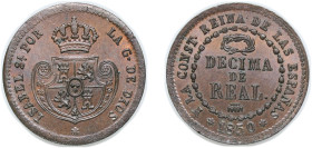 Spain Kingdom 1850 1 Decima de Real - Isabel II Copper Segovia Mint 4g UNC KM 590