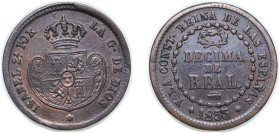 Spain Kingdom 1853 1 Decima de Real - Isabel II Copper Segovia Mint 4g VF KM 590