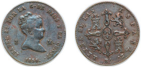 Spain Kingdom 1858 BA 2 Maravedis - Isabel II Copper Barcelona Mint 2.2g XF KM 532.1