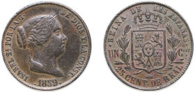 Spain Kingdom 1859 25 Centimos de Real - Isabel II Copper Segovia Mint 10g XF KM 615