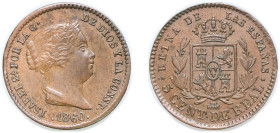 Spain Kingdom 1860 5 Centimos de Real - Isabel II Copper Segovia Mint 1.7g AU KM 602