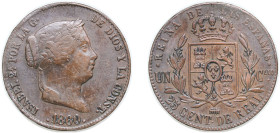 Spain Kingdom 1860 25 Centimos de Real - Isabel II Copper Segovia Mint 9.2g VF KM 615.2