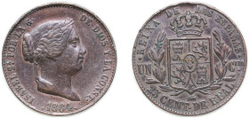 Spain Kingdom 1864 25 Centimos de Real - Isabel II Copper Segovia Mint 10g VF KM 615