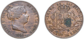 Spain Kingdom 1864 BA 25 Centimos de Real - Isabel II Copper Barcelona Mint 10g XF KM 615 Cal 587