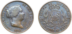 Spain Kingdom 1864 BA 25 Centimos de Real - Isabel II Copper Barcelona Mint 10g AU KM 615.1