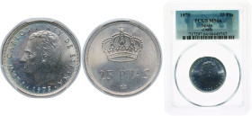 Spain Kingdom 1975 *80 25 Pesetas - Juan Carlos I Copper-nickel Madrid Mint (136000000) 8.5g PCGS MS 64 Mint Error Rotated Dies 180º KM 808 Schön 41