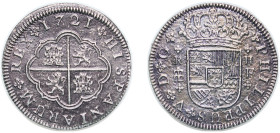 Spain Kingdom 1721 F 2 Reales - Felipe V Silver (.833) Segovia Mint 4.6g VF Corrossion KM 297