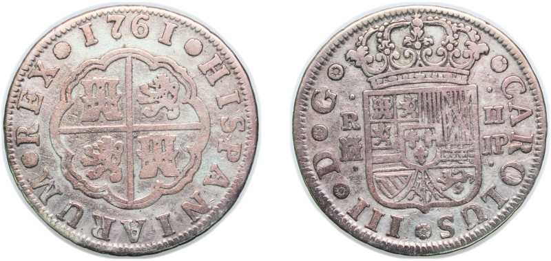 Spain Kingdom 1761 M JP 2 Reales - Carlos III (1st type) Silver (.833) Madrid Mi...
