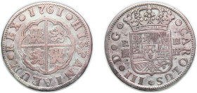 Spain Kingdom 1761 M JP 2 Reales - Carlos III (1st type) Silver (.833) Madrid Mint 5.6g VF KM 388
