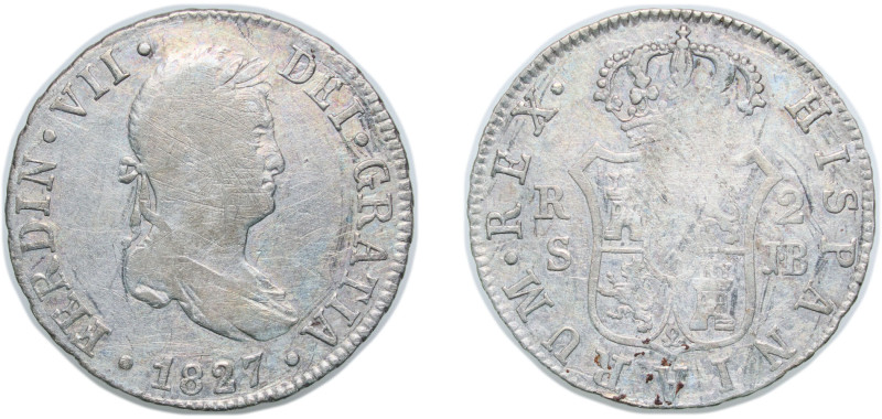 Spain Kingdom 1827 S JB 2 Reales - Fernando VII Silver (.812) Seville Mint 5.6g ...