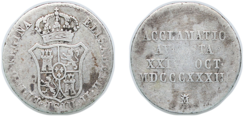 Spain Kingdom 1833 M 1 Real - Isabella II (proclamation medal ; Madrid) Silver M...
