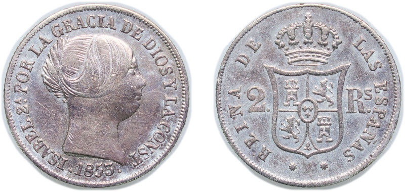 Spain Kingdom 1853 2 Reales - Isabel II Silver (.900) Barcelona Mint 2.6g VF KM ...