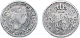 Spain Kingdom 1860 2 Reales - Isabel II Silver (.900) Seville Mint 2.6g VF KM 607.3