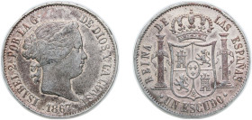 Spain Kingdom 1867 1 Escudo - Isabel II Brass silvering Madrid Mint 9.9g VF Contemporary counterfeit KM 626.1