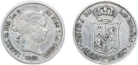 Spain Kingdom 1868 *18-68 40 Centimos de Escudo - Isabel II Silver (.810) Madrid Mint 5.1g VF KM 628.2