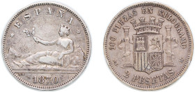 Spain Kingdom 1870 *18-73 DEM 2 Pesetas - Provisional Government Silver (.835) Madrid Mint (11879646) 10g VF KM 654
