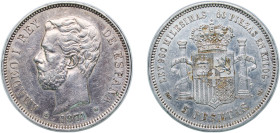 Spain Kingdom 1871 *18-71 SDM 5 Pesetas - Amadeo I Silver (.900) Madrid Mint (13641162) 25.1g XF KM 666