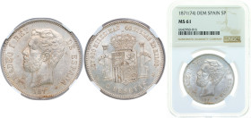 Spain Kingdom 1871 *18-74 DEM 5 Pesetas - Amadeo I Silver (.900) Madrid Mint (5075000) 25g NGC MS 61 KM 666
