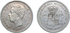 Spain Kingdom 1871 *18-75 DEM 5 Pesetas - Amadeo I Silver (.900) Madrid Mint (3000412) 24.8g VF KM 666