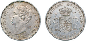 Spain Kingdom 1875 *18-75 DEM 5 Pesetas - Alfonso XII (1st portrait;legend in edge) Silver (.900) Madrid Mint (8641000) 24.9g XF KM 671