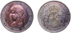 Spain Kingdom 1888 *18-88 MPM 5 Pesetas - Alfonso XIII (1st portrait) Silver (.900) Madrid Mint (10643900) 24.9g VF KM 689