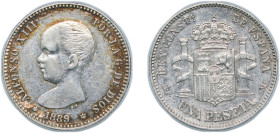 Spain Kingdom 1889 *18-89 MPM 1 Peseta - Alfonso XIII (1st portrait) Silver (.835) Madrid Mint (760000) 5.06g AU KM 691