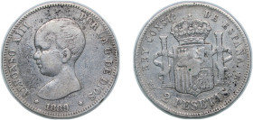 Spain Kingdom 1889 MPM 2 Pesetas - Alfonso XIII (1st portrait) Silver (.835) Madrid Mint (559000) 9.9g VF KM 692