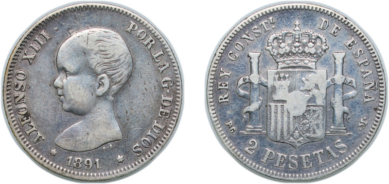 Spain Kingdom 1891 PGM 2 Pesetas - Alfonso XIII (1st portrait) Silver (.835) Mad...